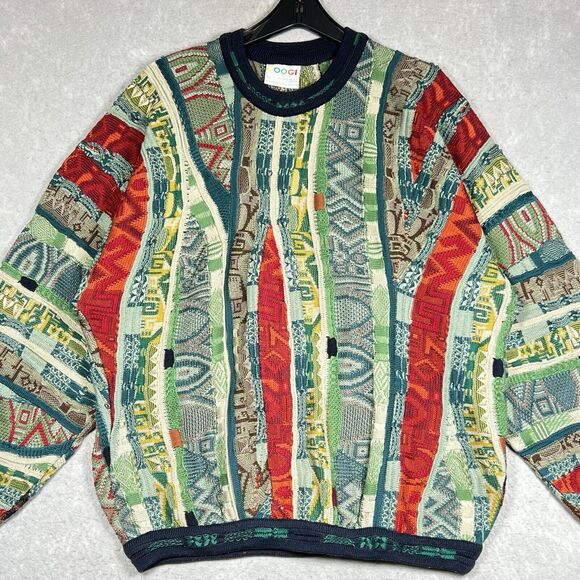 Vintage COOGI Striped Abstract 3D Knit Sweater Hip Hop Biggie Cosby Men's XL - Picture 2 of 9